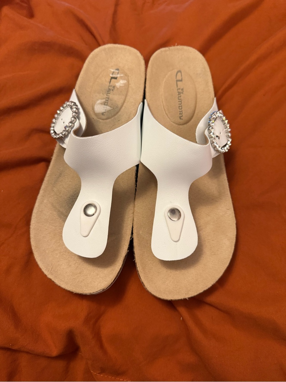Laundry By Shelli Segal White Toe-Post Sandals with Jeweled Buckle